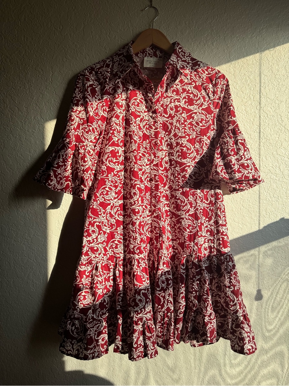Red Scroll-Print Mini Dress with Button Front